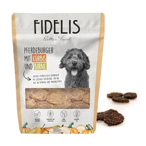 Fidelis - Pferdeburger Häppchen Kürbis & Birne für Hunde 100gr - Luftgetrocknete Hunde Leckerlis aus 100% natürlichen Rohstoffen - Hunde Leckerli als Snack von Fidelis