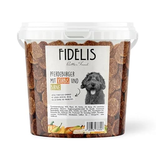 Fidelis - Pferdeburger Häppchen Kürbis & Birne für Hunde im praktischen 1kg-Eimer - Luftgetrocknete Hunde Leckerlis aus 100% natürlichen Rohstoffen von Fidelis