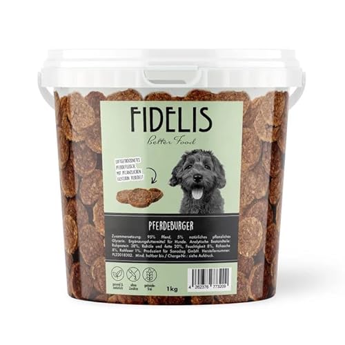 Fidelis – Pferdeburger für Hunde im wiederverschließbarem 1kg-Eimer - Luftgetrocknete Hunde Leckerlis aus 100% natürlichen Rohstoffen von Fidelis