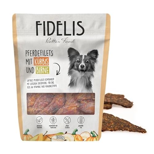 Fidelis - Pferdefilets Kürbis & Birne für Hunde 100gr - Luftgetrocknete Hunde Leckerlis aus 100% natürlichen Rohstoffen - Hunde Leckerli als Snack von Fidelis