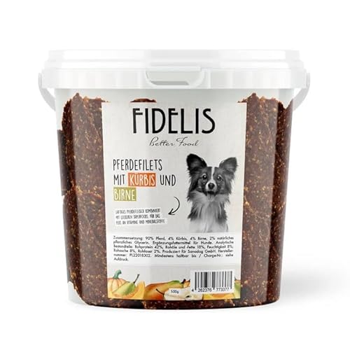 Fidelis - Pferdefilets Kürbis & Birne für Hunde im praktischen 500gr-Eimer - Luftgetrocknete Hunde Leckerlis aus 100% natürlichen Rohstoffen von Fidelis