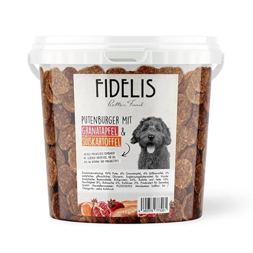 Fidelis - Putenburger Häppchen Granatapfel & Süßkartoffel für Hunde im praktischen 1kg-Eimer - Luftgetrocknete Hunde Leckerlis aus 100% natürlichen Rohstoffen von Fidelis