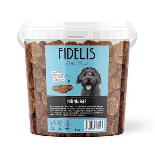 Fidelis – Putenburger für Hunde im wiederverschließbarem 1kg-Eimer - Luftgetrocknete Hunde Leckerlis aus 100% natürlichen Rohstoffen von Fidelis