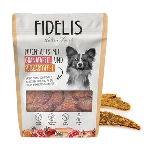 Fidelis - Putenfilets Granatapfel & Süßkartoffel für Hunde 100gr - Luftgetrocknete Hunde Leckerlis aus 100% natürlichen Rohstoffen - Hunde Leckerli als Snack von Fidelis