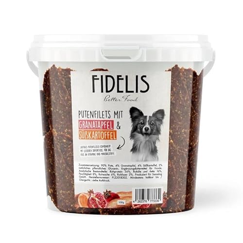 Fidelis - Putenfilets Granatapfel & Süßkartoffel für Hunde im praktischen 500gr-Eimer - Luftgetrocknete Hunde Leckerlis aus 100% natürlichen Rohstoffen von Fidelis