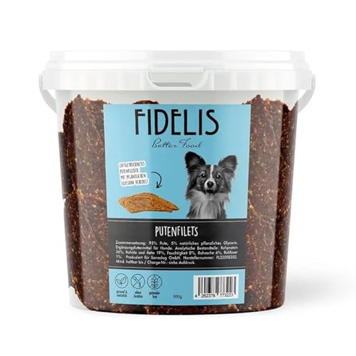 Fidelis – Putenfilets für Hunde im wiederverschließbarem 500gr-Eimer - Luftgetrocknete Hunde Leckerlis aus 100% natürlichen Rohstoffen von Fidelis