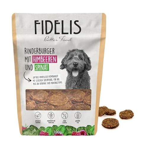 Fidelis - Rinderburger Häppchen Himbeere & Spinat für Hunde 100gr - Luftgetrocknete Hunde Leckerlis aus 100% natürlichen Rohstoffen - Hunde Leckerli als Snack von Fidelis