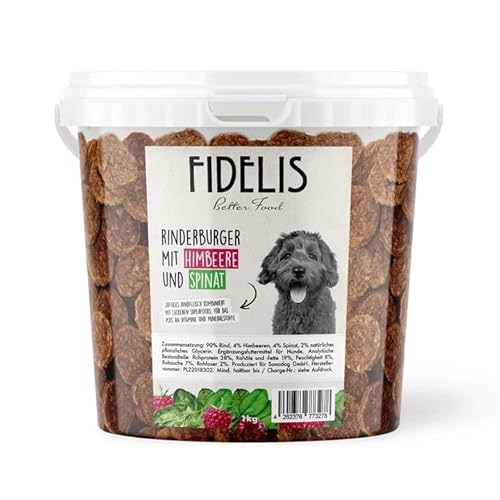 Fidelis – Rinderburger Himbeere & Spinat für Hunde im praktischen 1kg-Eimer - Luftgetrocknete Hunde Leckerlis aus 100% natürlichen Rohstoffen von Fidelis