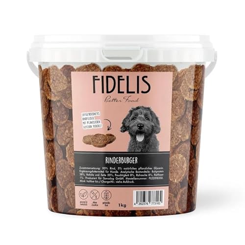 Fidelis - Rinderburger für Hunde im wiederverschließbarem 1kg-Eimer - Luftgetrocknete Hunde Leckerlis aus 100% natürlichen Rohstoffen von Fidelis