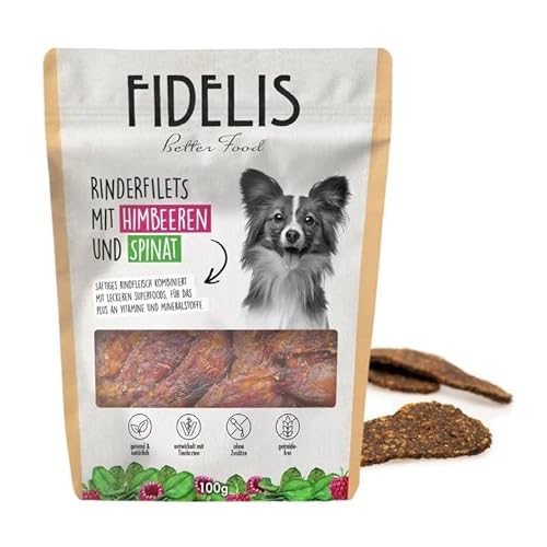 Fidelis - Rinderfilet Streifen Himbeere & Spinat für Hunde 100gr - Luftgetrocknete Hunde Leckerlis aus 100% natürlichen Rohstoffen - Hunde Leckerli als Snack von Fidelis