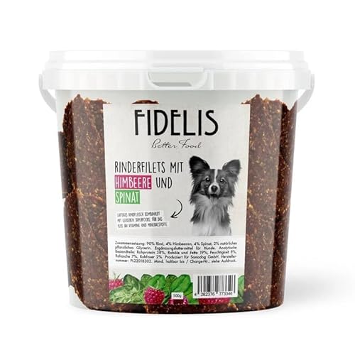 Fidelis - Rinderfilets Himbeere & Spinat für Hunde im praktischen 500gr-Eimer - Luftgetrocknete Hunde Leckerlis aus 100% natürlichen Rohstoffen von Fidelis