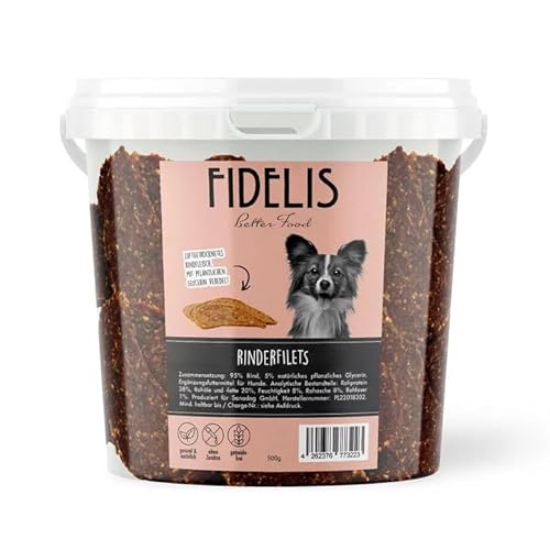 Fidelis – Rinderfilets für Hunde im wiederverschließbarem 500gr-Eimer - Luftgetrocknete Hunde Leckerlis aus 100% natürlichen Rohstoffen von Fidelis