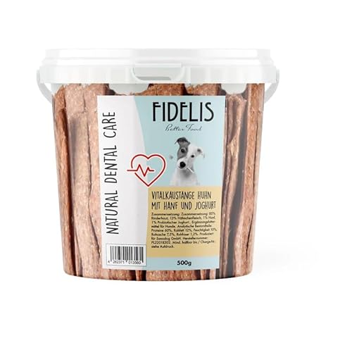 Fidelis - Vitalkaustange Huhn mit Hanf und Joghurt – funktionale Zahnpflege Snacks für Hunde 500g-Eimer – Luftgetrocknet aus 100% natürlichen Rohstoffen - Hunde Leckerli als Snack zur Zahnhygiene von Fidelis