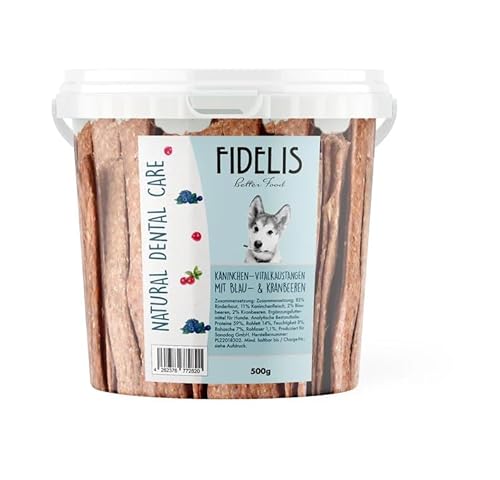 Fidelis - Vitalkaustange Kaninchen mit Blaubeere & Kranbeere – Zahnpflege Snacks für Hunde 500g-Eimer – Luftgetrocknet aus 100% natürlichen Rohstoffen - Hunde Leckerli als Snack zur Zahnhygiene von Fidelis