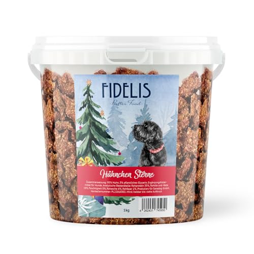 Hähnchen-Weihnachtssterne für Hunde im wiederverschließbarem 1kg-Eimer - Luftgetrocknete Hunde Leckerlis aus 100% natürlichen Rohstoffen - der perfekte Weihnachtssnack für Deinen Hund von Fidelis