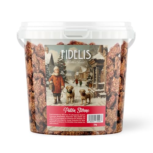 Puten-Weihnachtssterne für Hunde im wiederverschließbarem 1kg-Eimer - Luftgetrocknete Hunde Leckerlis aus 100% natürlichen Rohstoffen - der perfekte Weihnachtssnack für Deinen Hund von Fidelis