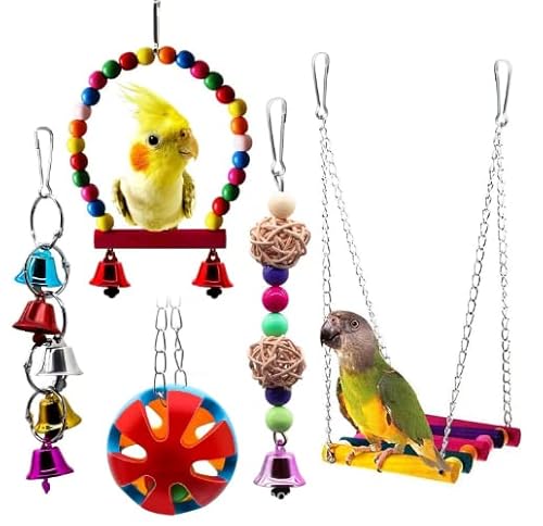 FidosFav 5 Stück Vogel-/Wellensittichkäfig-Schaukel zum Kauen buntes Spielzeug, stehende Hängematte, Sitzstange, Kletterleiter, Papageienkäfig, Spielzeug für kleine Papageien, Sittiche, von FidosFav