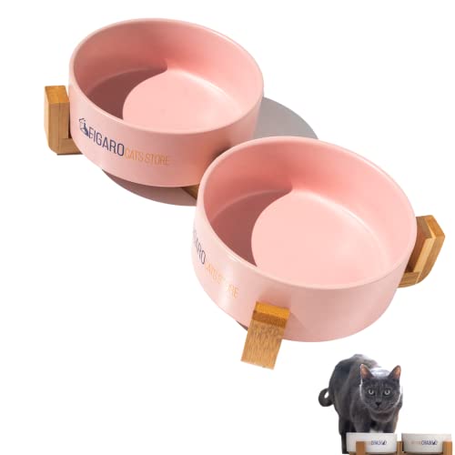 FIGARO CATS STORE - Set Keramik und Holz für Katzen: Set mit 2 Schalen aus Keramik mit leichtem Holzständer, für Hunde oder Katzen (Rosa) von Figaro Cats Store