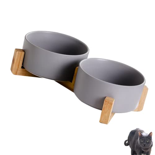 FIGARO CATS STORE - Set Keramik und Holz für Katzen: Set mit 2 Schalen aus Keramik mit leichtem Holzständer, für Hunde oder Katzen (grau) von Figaro Cats Store