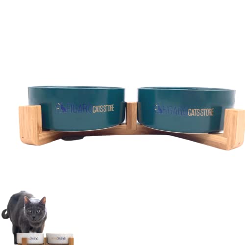 FIGARO CATS STORE - Set Keramik und Holz für Katzen: Set mit 2 Schalen aus Keramik mit leichtem Holzständer, für Hunde oder Katzen (grün) von Figaro Cats Store