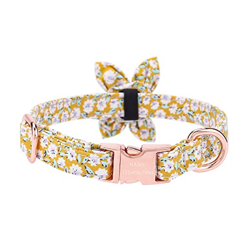 Filhome Gänseblümchen Hundehalsband mit Personalisiert Name und Telefonnummer Abnehmbar Blumen Verstellbares Halsband für Kleine, Mittelgroße und Große Hunde (L: 40-60cm, Gelb) von Filhome