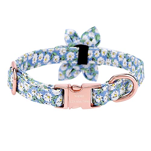 Filhome Gänseblümchen Hundehalsband mit Personalisiert Name und Telefonnummer Abnehmbar Blumen Verstellbares Halsband für Kleine, Mittelgroße und Große Hunde (M: 30-45cm, Blau) von Filhome