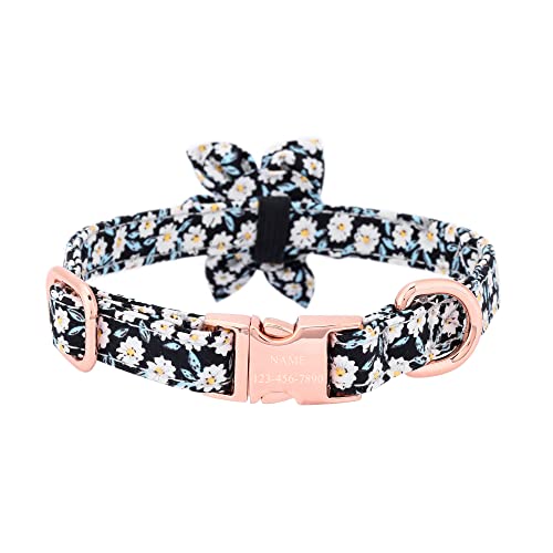 Filhome Gänseblümchen Hundehalsband mit Personalisiert Name und Telefonnummer Abnehmbar Blumen Verstellbares Halsband für Kleine, Mittelgroße und Große Hunde (M: 30-45cm, Schwarz) von Filhome