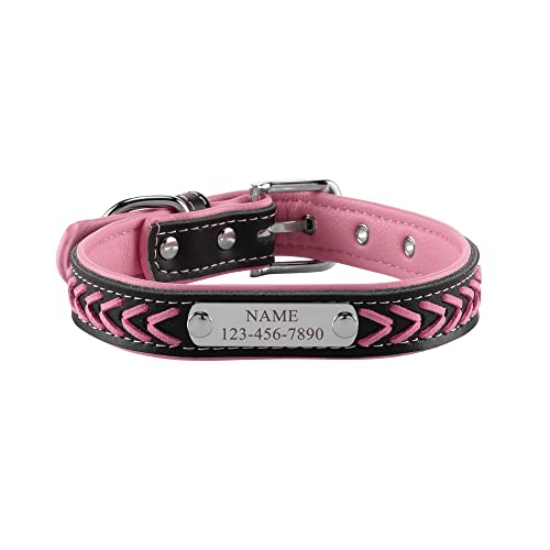 Filhome Katzenhalsband mit Namen und Telefonnummer Leather Katzenhalsbänder Haustier Halsbänder Verstellbar für Kleine Mittelgroße Hunde (26-33cm, Rosa) von Filhome