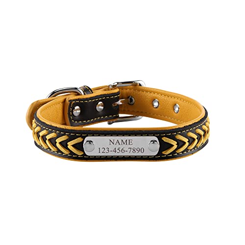 Filhome Katzenhalsband mit Namen und Telefonnummer Leather Katzenhalsbänder Haustier Halsbänder Verstellbar für Kleine Mittelgroße Hunde (35-45cm, Gelb) von Filhome