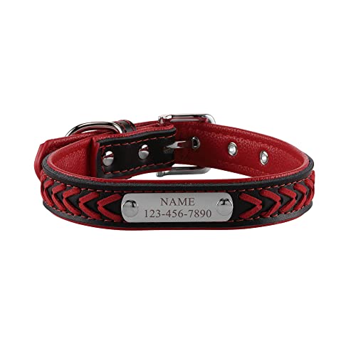 Filhome Katzenhalsband mit Namen und Telefonnummer Leather Katzenhalsbänder Haustier Halsbänder Verstellbar für Kleine Mittelgroße Hunde (35-45cm, Rot) von Filhome