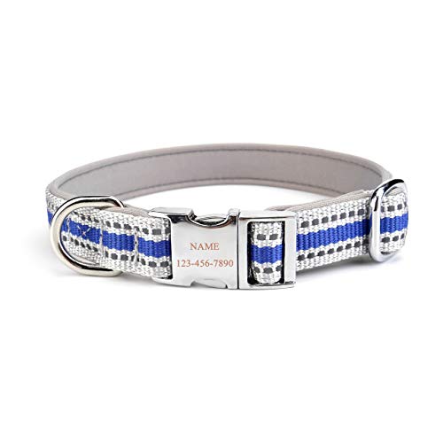 Filhome Personalisierte Reflektierend Hundehalsbänder mit Eingraviertem Namen und Telefonnummer Nylon Halsband für Kleine und Mittlere Hunde Blau/M von Filhome