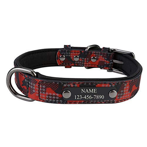 Filhome Personalisierte Reflektoren Hundehalsbänder aus Leder mit Eingraviertem Namen und Telefonnummer Halsband für Kleine und Mittlere Hunde Rot/L von Filhome