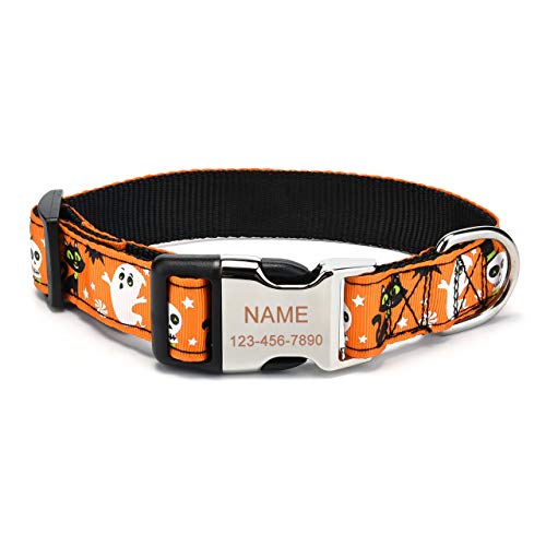 Filhome Personalisiertes Halloween Hundehalsband, individuell Gravur Hundehalsband mit Namensschild, Haustier ID Halsband mit Schnellverschluss (33-50cm, Kätzchen + Geist) von Filhome