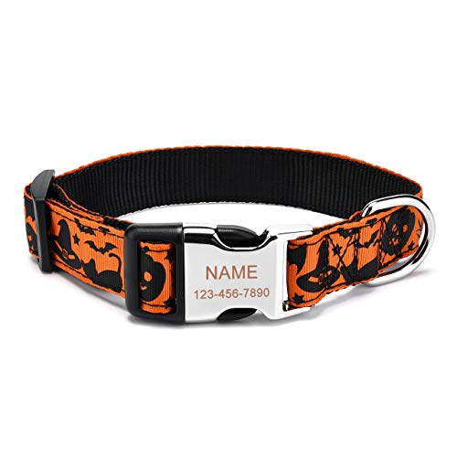 Filhome Personalisiertes Halloween Hundehalsband, individuell Gravur Hundehalsband mit Namensschild, Haustier ID Halsband mit Schnellverschluss (33-50cm, Kürbis + Mütze) von Filhome