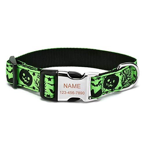 Filhome Personalisiertes Halloween Hundehalsband, individuell Gravur Hundehalsband mit Namensschild, Haustier ID Halsband mit Schnellverschluss (33-50cm, Schläger) von Filhome