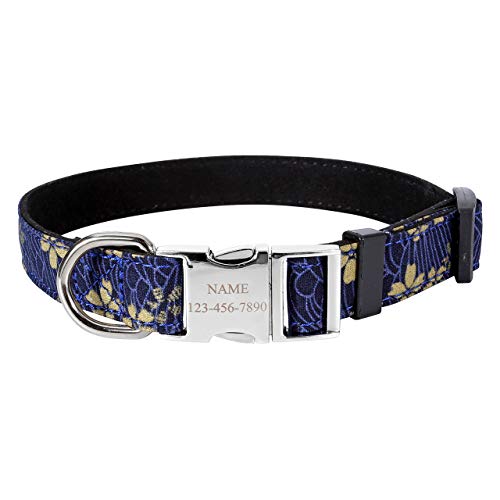 Filhome Personalisiertes Hundehalsband Blüten Halsband Verstellbare Halsbänder für Klein Mittelgroß Große Hunde und Katzen Navy blau/L von Filhome