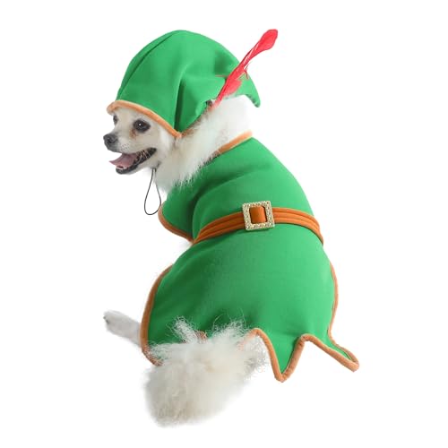 Filhome Weihnachtskostüm für Hunde und Katzen, grünes Weihnachtselfen-Kostüm für Hunde und Katzen, lustiges Haustier-Cosplay-Kleid mit Mütze warme Kleidung für Weihnachten von Filhome