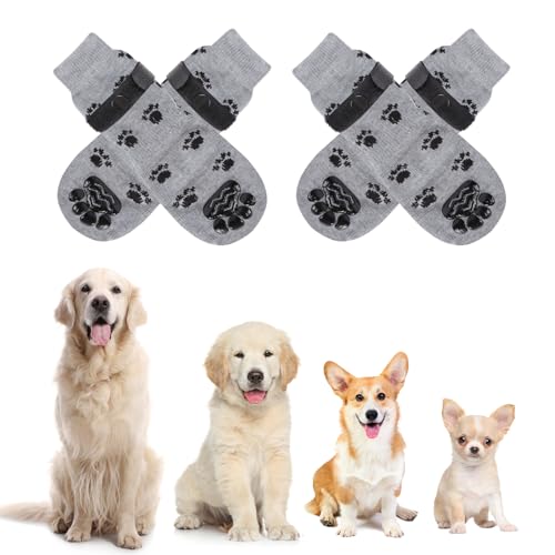 Fililogor 4 Stück rutschfeste Hundesocken, Haustier Pfotenschutz Hundestiefelsocken, verstellbare Hundesocken für Haustiere drinnen und draußen Spaziergänge (Medium (2-Grau) von Fililogor