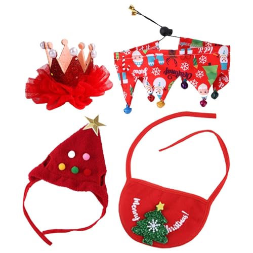 Filvczt Weihnachtskatzen-Outfit, Katzenkostüm, Haustierkleidung, Hunde-Outfits, 4 Stück, Lustiger süßer Kostümanzug mit Weihnachtsmützen und Haarspangen für Weihnachtskostüme für Welpen und Katzen von Filvczt