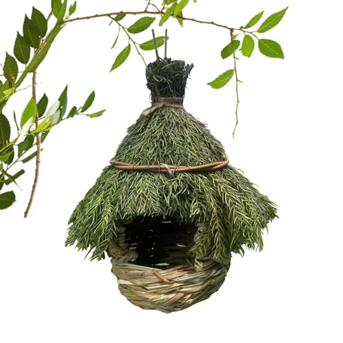 Green Backyard Birdhouse, Cozy Resting Breeding Place, Hand Woven Bird House, Finch Bird Nest, Wooden Hanging Bird Hotel, Easy to Use, Portable for Birds Resting Place von Filvczt