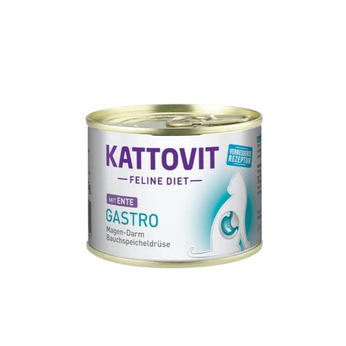 Kattovit Gastro mit Ente | 12 x 185g | Katzenfutter für Katzen | Nassfutter für Katzen welches bei gastrointestinalen Erkrankungen unterstützend wirken kann | Niedriger Fettgehalt von Finnern-Kattovit