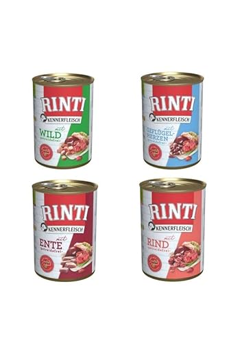 RINTI Kennerfleisch | Hunde Nassfutter | 8x400g | Mixpaket 2x Ente, 2x Rind, 2x Wild, 2x Geflügelherzen | ohne Getreide von Rinti