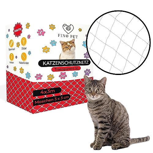 FinoPet Katzennetz für Balkon 4x3 Meter transparent inklusive Befestigungsmaterial, Katzenschutznetz Katzengitter Schutznetz Sicherheitsnetz Balkonnetz für Katzen, Katzennetz für Balkon ohne Bohren von FinoPet