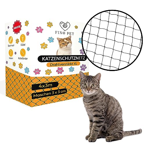 FinoPet Katzennetz für Balkon [Plus Drahtverstärkt] 4x3 Meter inklusive Befestigungsmaterial, Katzenschutznetz Katzengitter Schutznetz Sicherheitsnetz Balkonnetz für Katzen, Katzennetz ohne Bohren von FinoPet