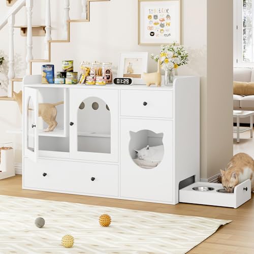 FirFurd Katzenschrank 140cm Breit Katzenklo Schrank Katzentoilette 5 in 1 Katzenhaus mit Futternapf Katzenkloschrank für mehrere Katzenschrank mit Katzenklo versteckt Sideboard weiß von FirFurd