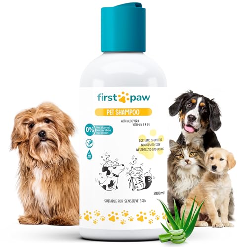 FIRSTPAW 300ml Pet Shampoo, Welpenshampoo, Hundeshampoo und Katzenshampoo mit Aloe Vera - Geeignet für Sensitive Haut, 100% Vegan Rückfettendes Shampoo für alle Hunderassen und Felltypen von FirstPaw