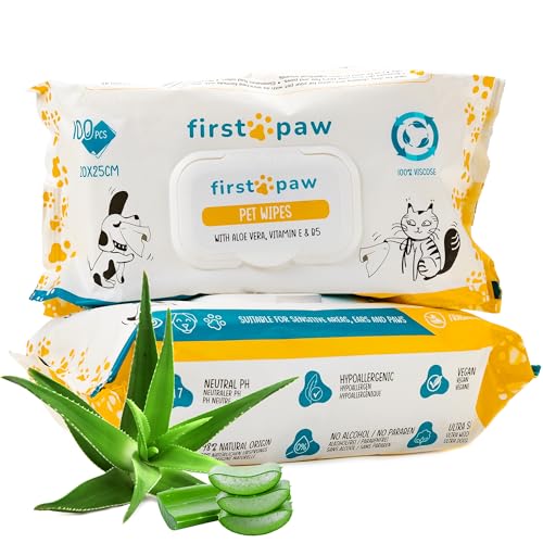 FIRSTPAW Pflegetücher Hund, 100 stuck, XXL Reinigungstücher Hund, Extra große Hyppoalergene Feuchttücher Hund mit Aloe Vera, Biologisch abbaubare Pflegetücher Hund für Augen, Ohren und Pfoten reinigen von FirstPaw