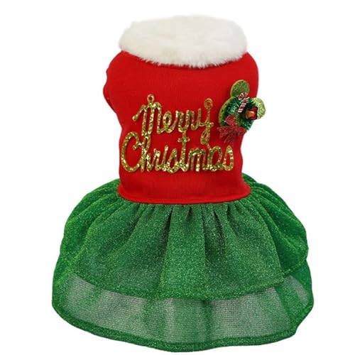 Hunde-Weihnachtskostüm-Welpenkleid | Frohe Weihnachten Mädchen Hundekleid,Niedlicher rot-grüner Rock-Thermo-Hemdmantel für kleine mittelgroße Hunde und Katzen von Firulab