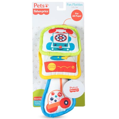 Fisher-Price for Pets 3-teiliges lustiges Flatties-Spielzeug für Hunde, mit klassischen Spielzeug-Designs, mit Quietsch- und Knistergeräuschen, Entwicklungsspielzeug für Hunde von Fisher-Price