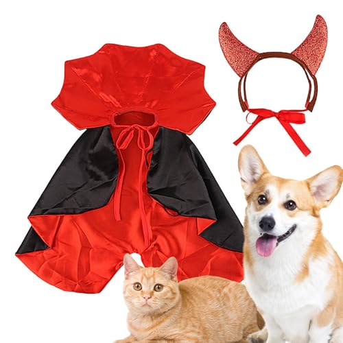 Fisssure Halloween-Kostüm für Hunde, verstellbarer Vampir-Katzenumhang – Katzen-Halloween-Cosplay-Bekleidung, bunter Haustierumhang mit Horn für kleine, mittelgroße Hunde, Katzen von Fisssure